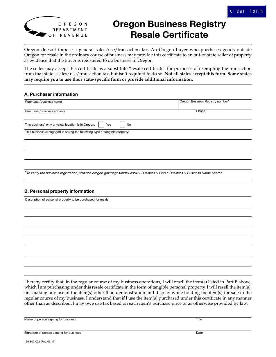 Form 150-800-002 Oregon Business Registry Resale Certificate - Oregon, Page 1