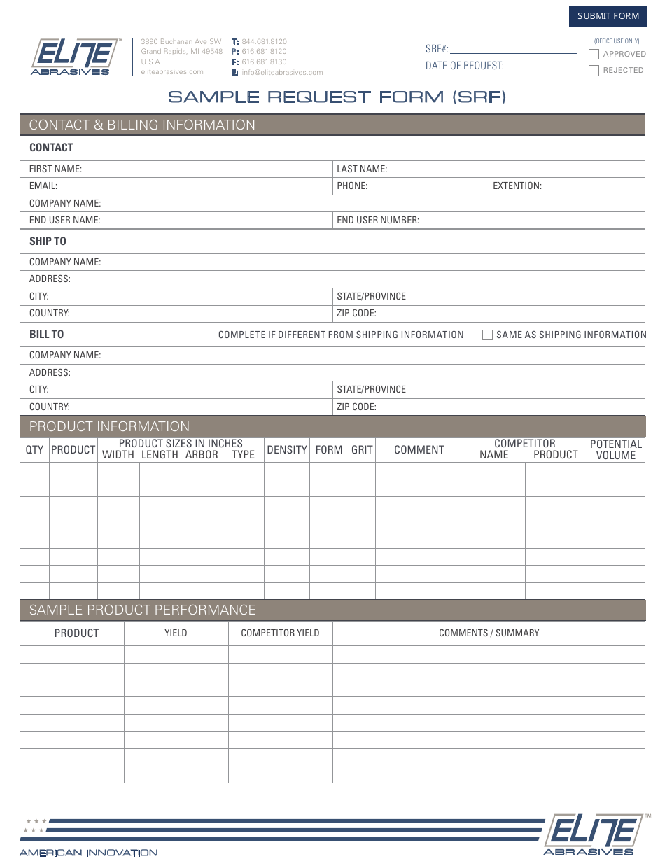 Sample Request Form (Srf) - Elite Abrasives, Page 1