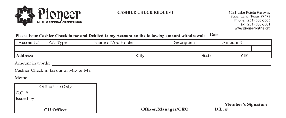 Cashier Check Request Form - Pioneer Muslim Federal Credit Union, Page 1