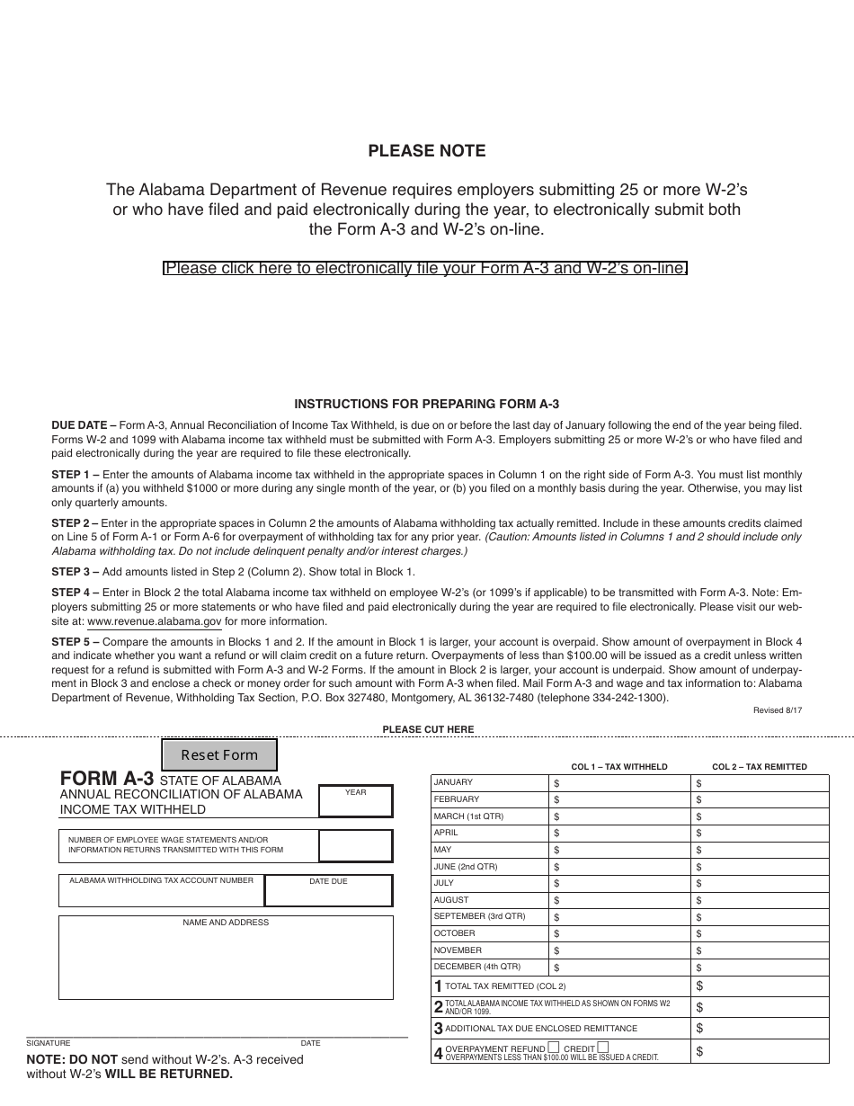 Form A-3 Annual Reconciliation of Alabama Income Tax Withheld - Alabama, Page 1