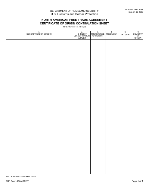 CBP Form 434A North American Free Trade Agreement Certificate of Origin Continuation Sheet