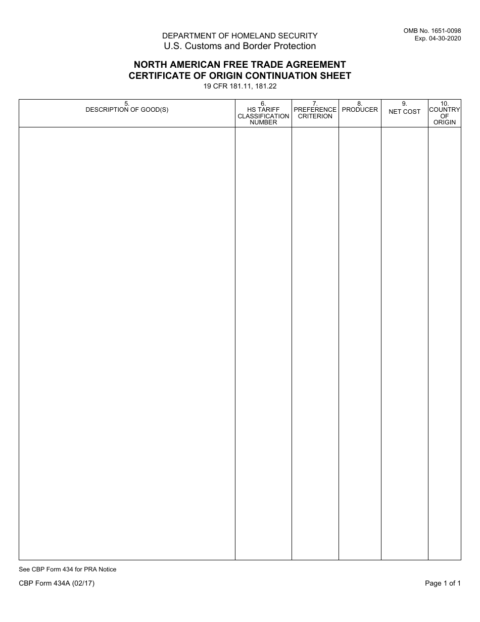 CBP Form 434A North American Free Trade Agreement Certificate of Origin Continuation Sheet, Page 1