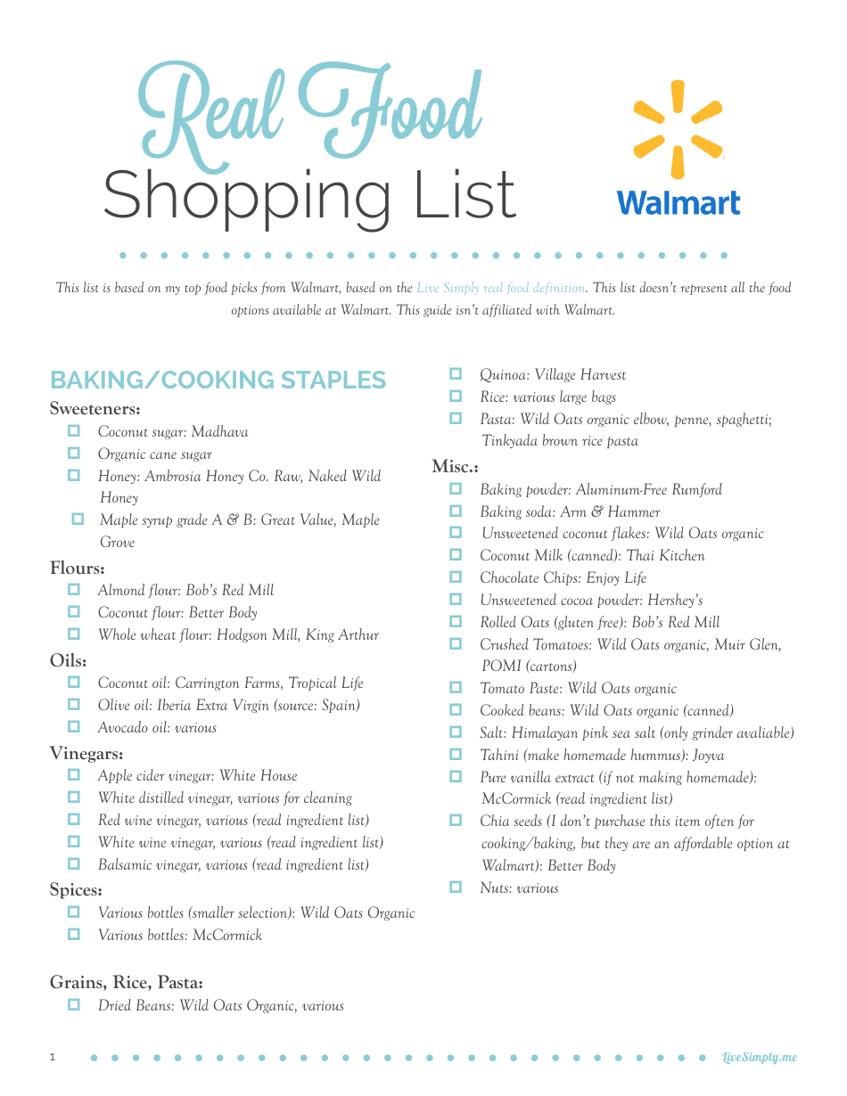 Real Food Shopping List Template Walmart Download Printable PDF