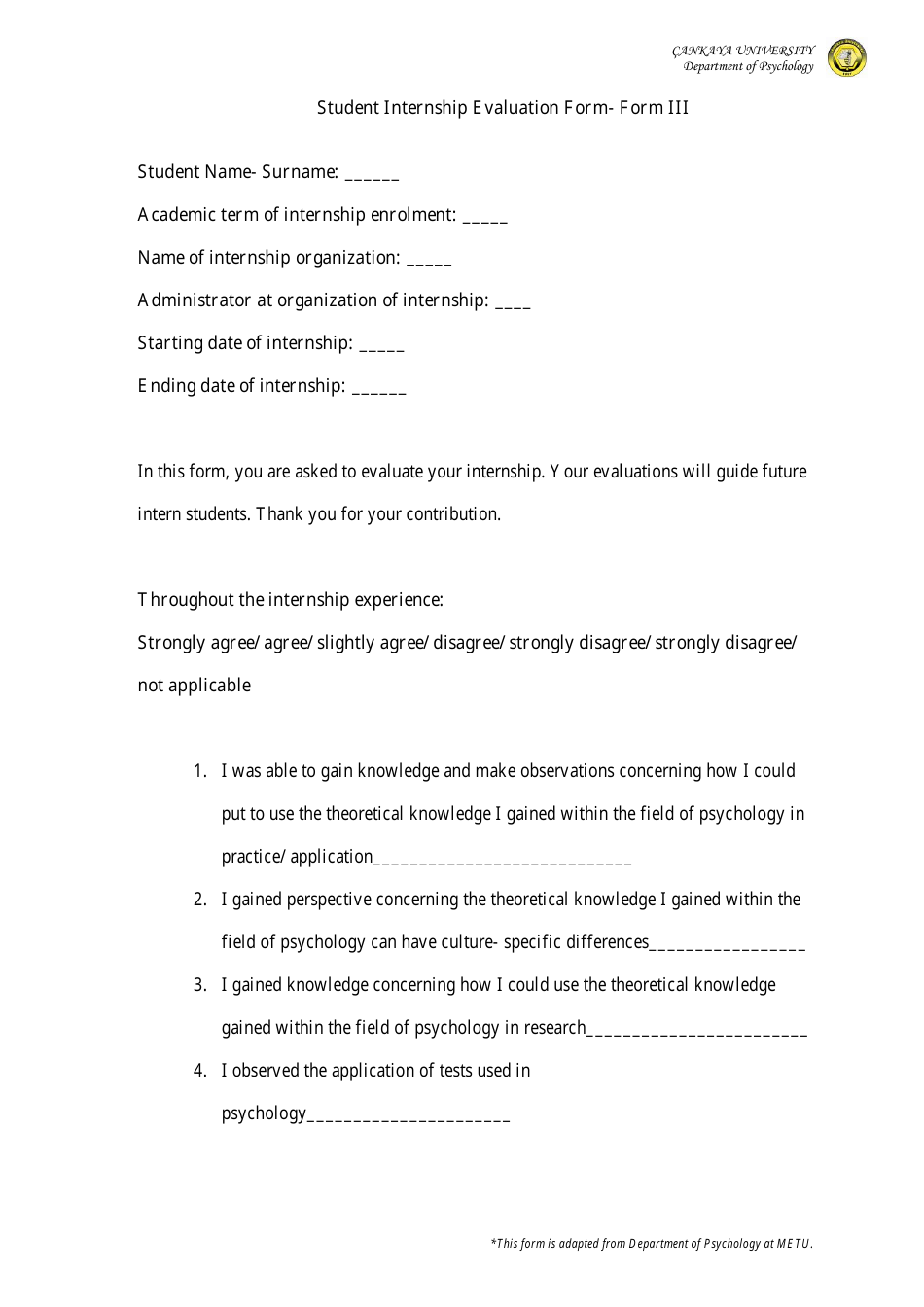 Student Internship Evaluation Form - Cankaya University, Page 1