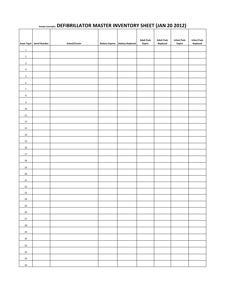 Defibrillator Master Inventory Sheet Sample