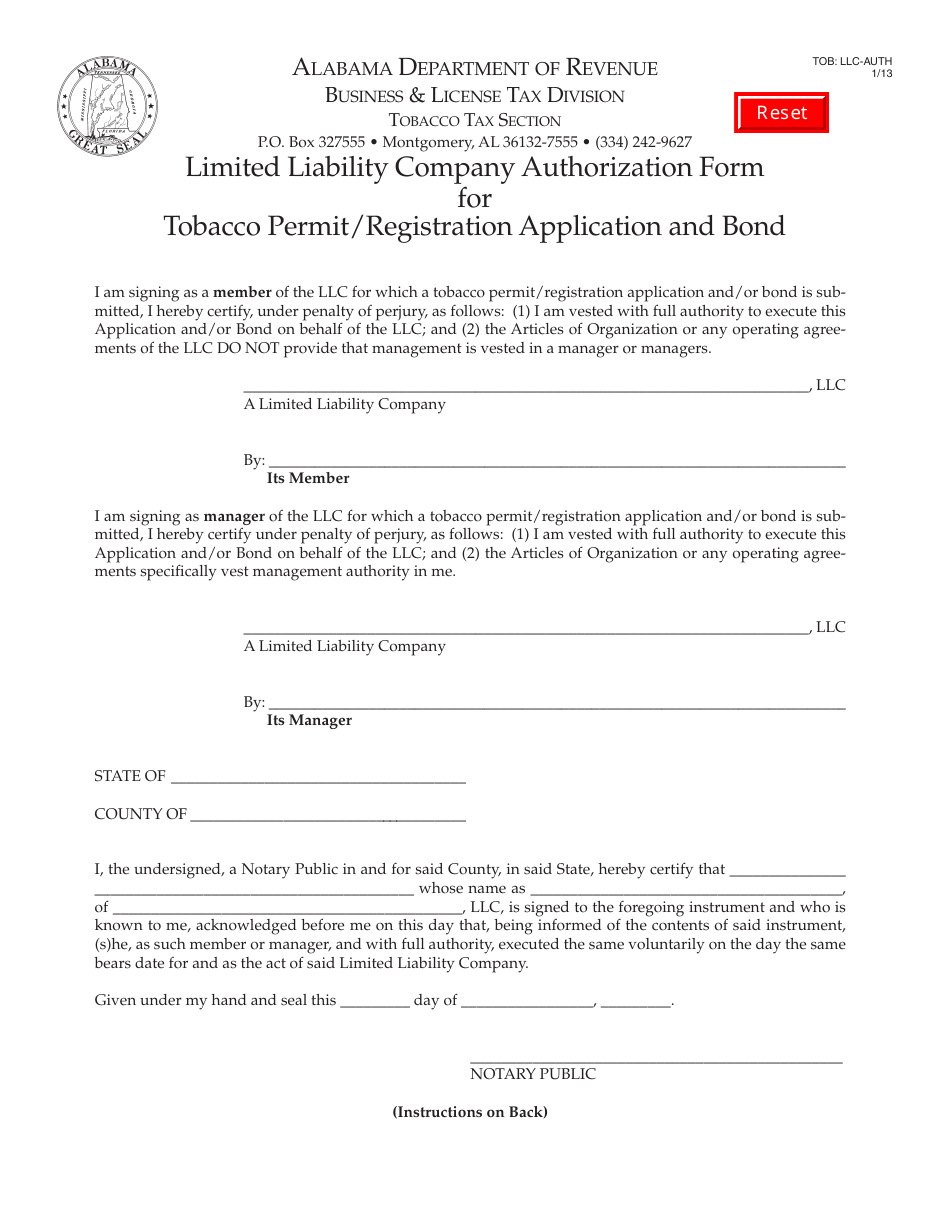 Form TOB: LLC-AUTH Limited Liability Company Authorization Form for Tobacco Permit / Registration Application and Bond - Alabama, Page 1
