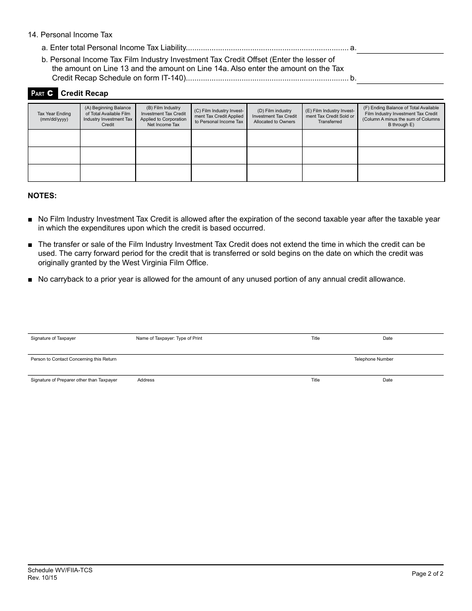 Schedule WV / FIIA-TCS West Virginia Film Industry Investment Tax Credit - West Virginia, Page 2