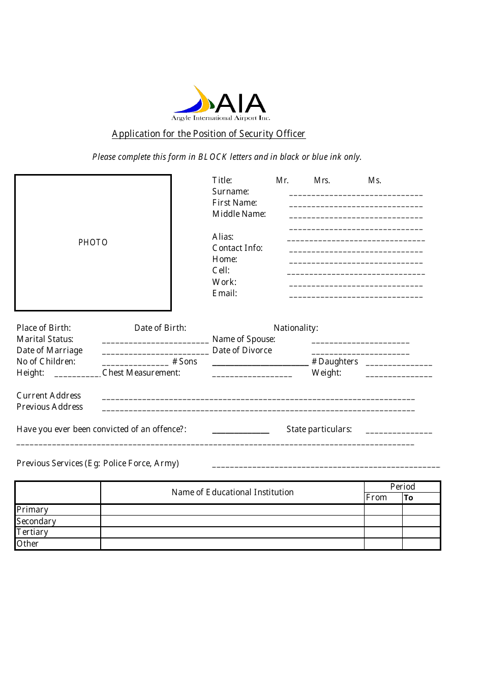 Application for the Position of Security Officer - AIA Document Preview