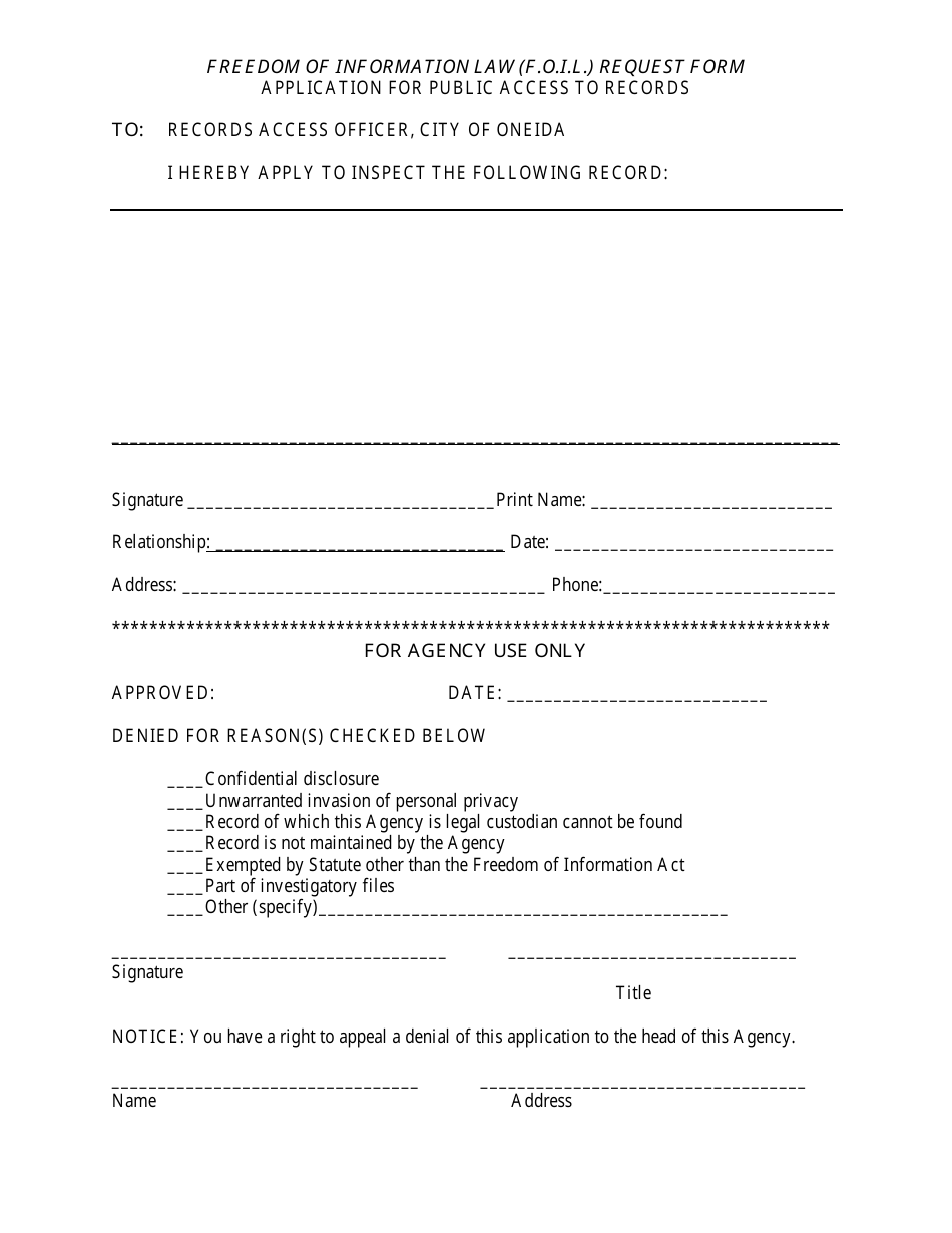 Freedom of Information Law (F.o.i.l.) Request Form - Application for Public Access to Records - City of Oneida, New York, Page 1