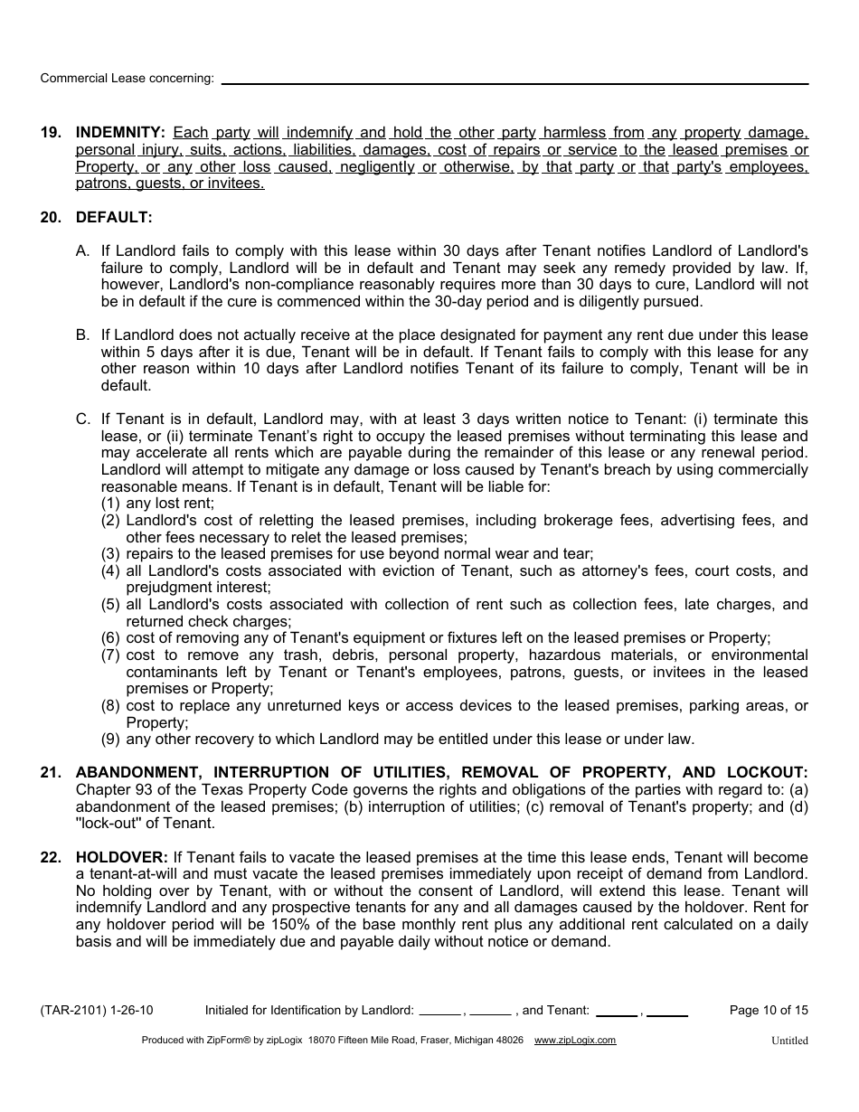 Form TAR-2101 Commercial Lease - Texas Association of Realtors - Texas, Page 10