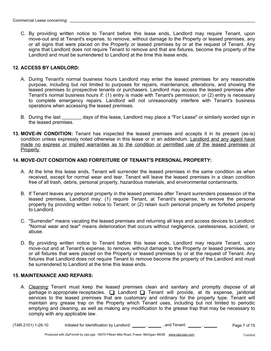 Form TAR-2101 Commercial Lease - Texas Association of Realtors - Texas, Page 7