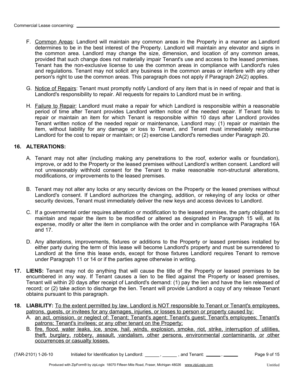 Form TAR-2101 Commercial Lease - Texas Association of Realtors - Texas, Page 9