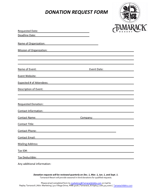 &quot;Donation Request Form - Tamarack Resort&quot; Download Pdf