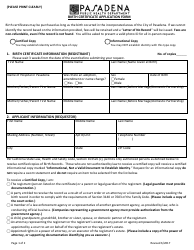 Document preview: Birth Certificate Application Form - City of Pasadena, California