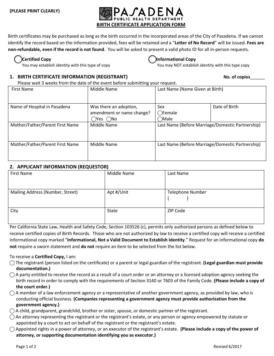 Birth Certificate Application Form - City of Pasadena, California, Page 1