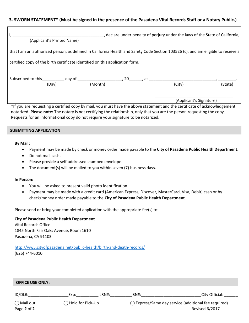 City of Pasadena, California Birth Certificate Application Form - Fill ...