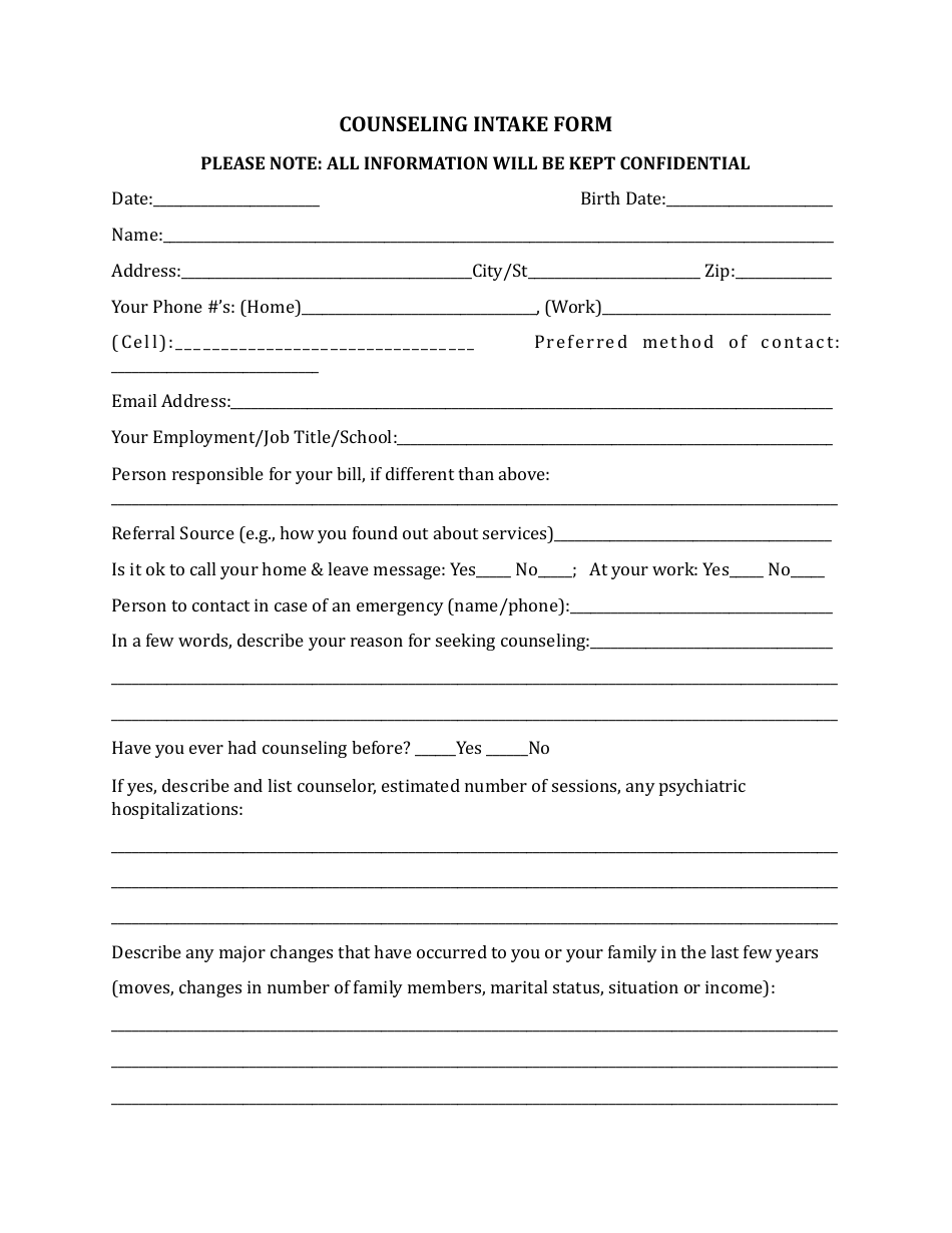 Counseling Intake Form Download Printable PDF Templateroller