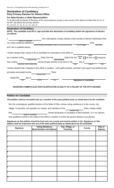 Form 2-F Declaration of Candidacy - Party Primary District Office - State Senator or State Representative - Ohio