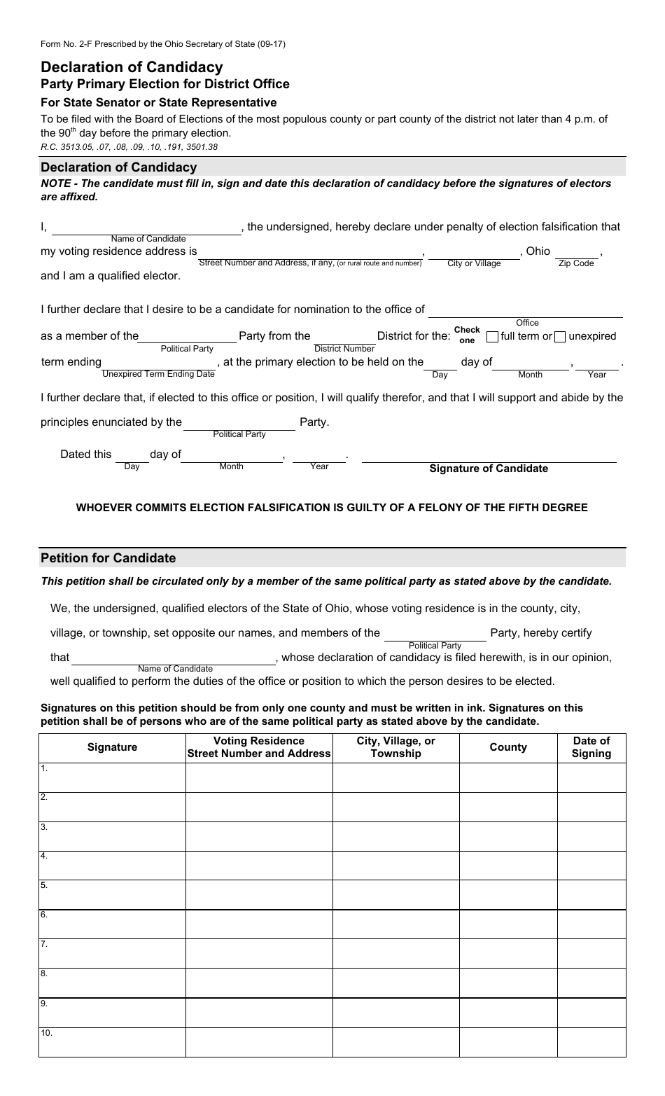 Form 2-F Declaration of Candidacy - Party Primary District Office - State Senator or State Representative - Ohio, Page 1
