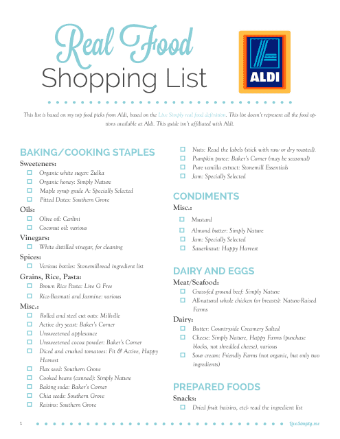 Real Food Shopping List Template - Aldi