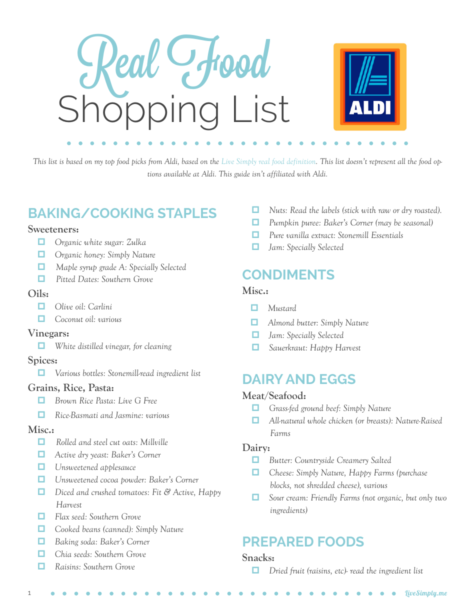 Real Food Shopping List Template Aldi Download Printable PDF