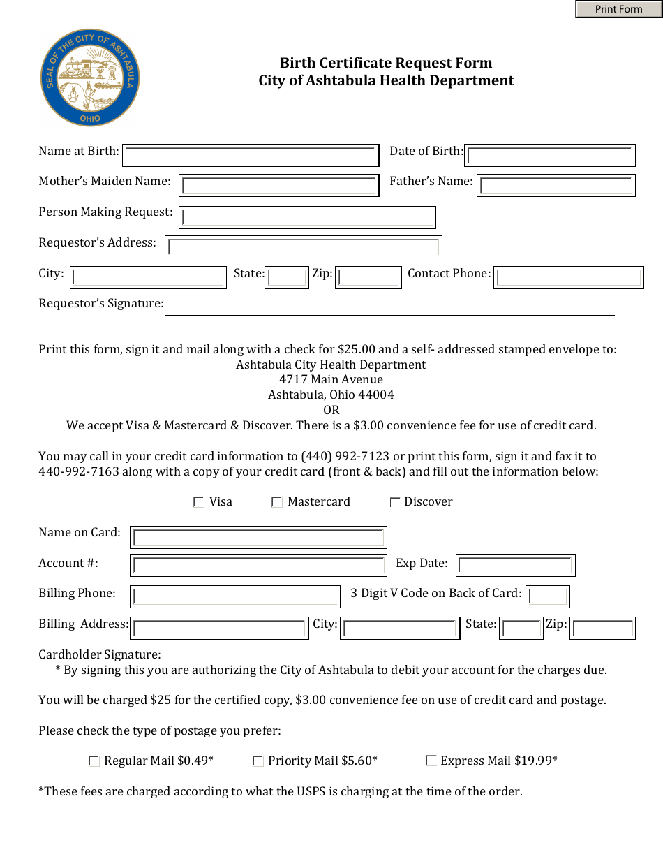 Birth Certificate Request Form - City of Ashtabula, Ohio, Page 1