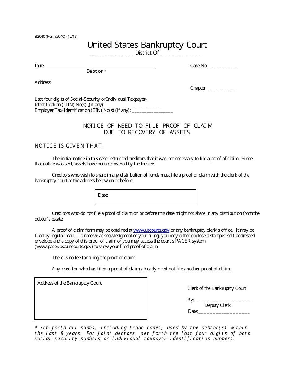 Form B2040 Notice of Need to File Proof of Claim Due to Recovery of Assets, Page 1