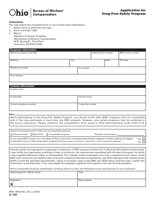 Form U-140 (BWC-7646) Application for Drug-Free Safety Program - Ohio