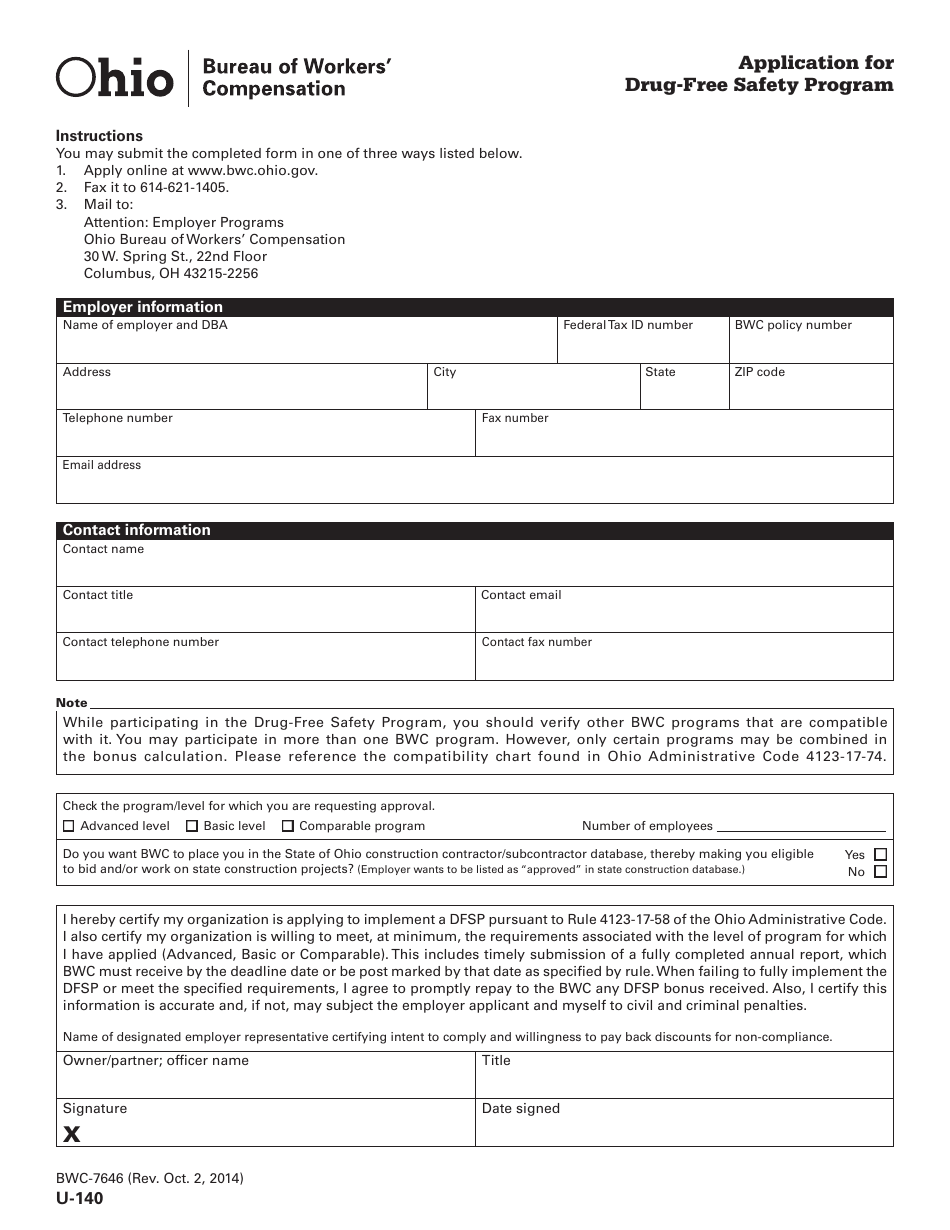 Form U-140 (BWC-7646) Application for Drug-Free Safety Program - Ohio, Page 1