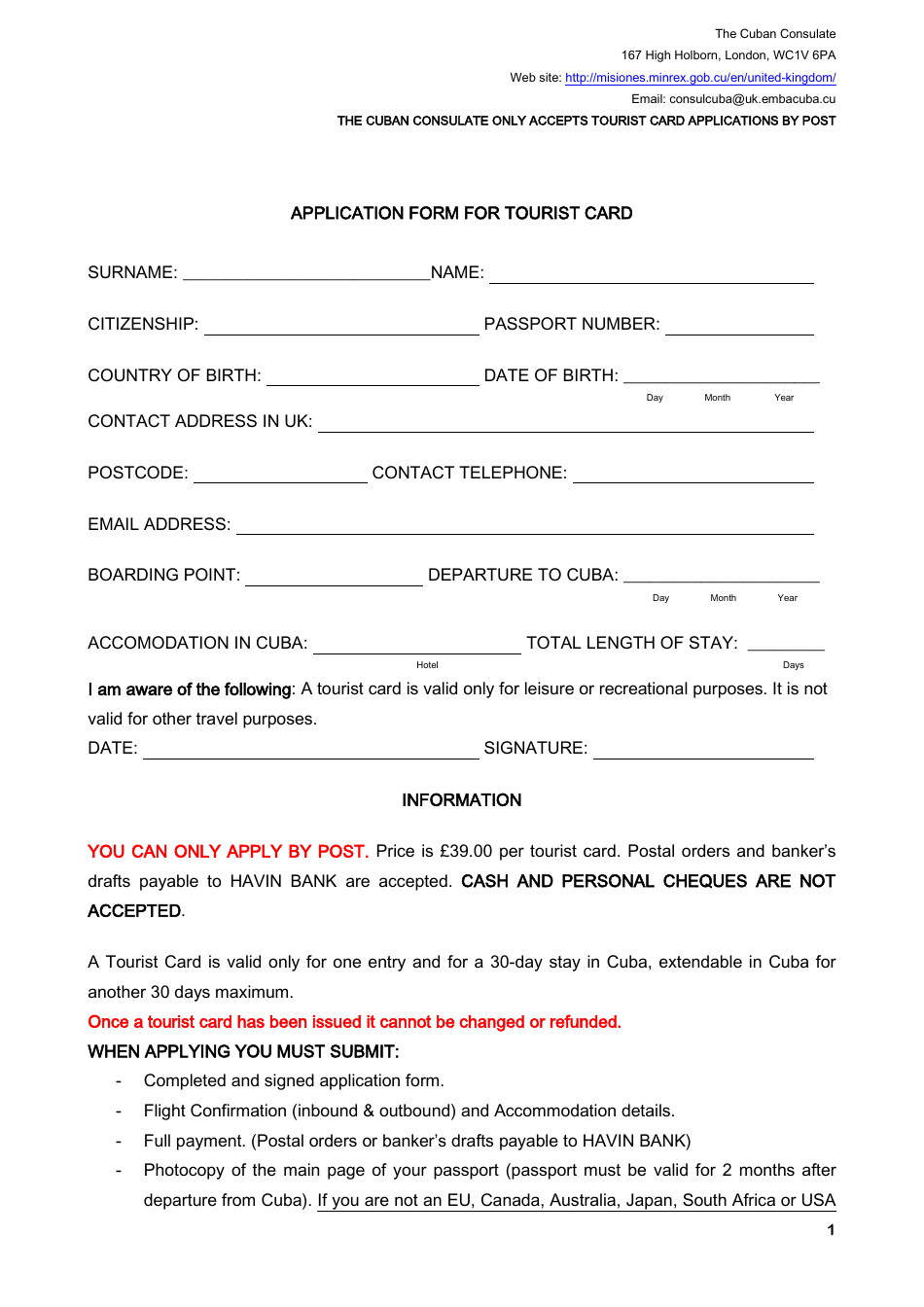 Cuban Tourist Card Application Form - the Cuban Consulate - Greater London, United Kingdom, Page 1