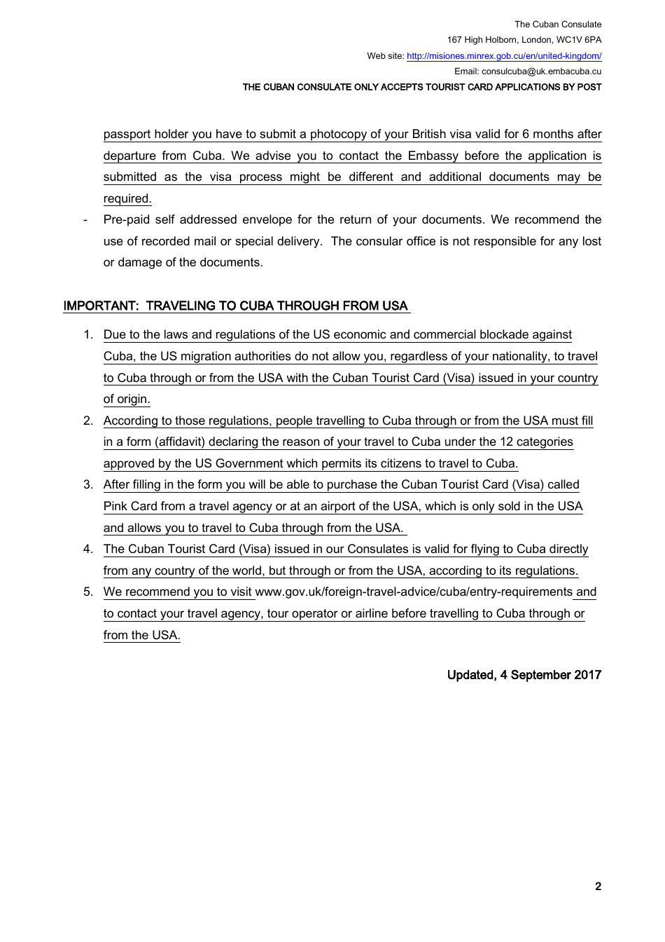 Cuban Tourist Card Application Form - the Cuban Consulate - Greater London, United Kingdom, Page 2