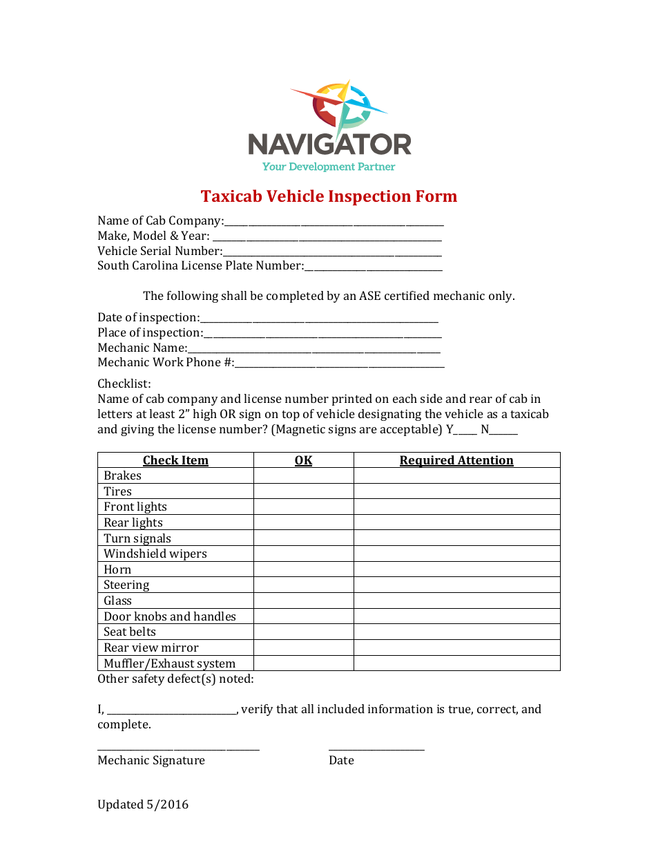 Taxicab Vehicle Inspection Form - Navigator - South Carolina, Page 1