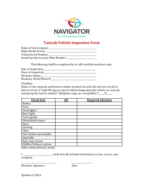 &quot;Taxicab Vehicle Inspection Form - Navigator&quot; - South Carolina Download Pdf