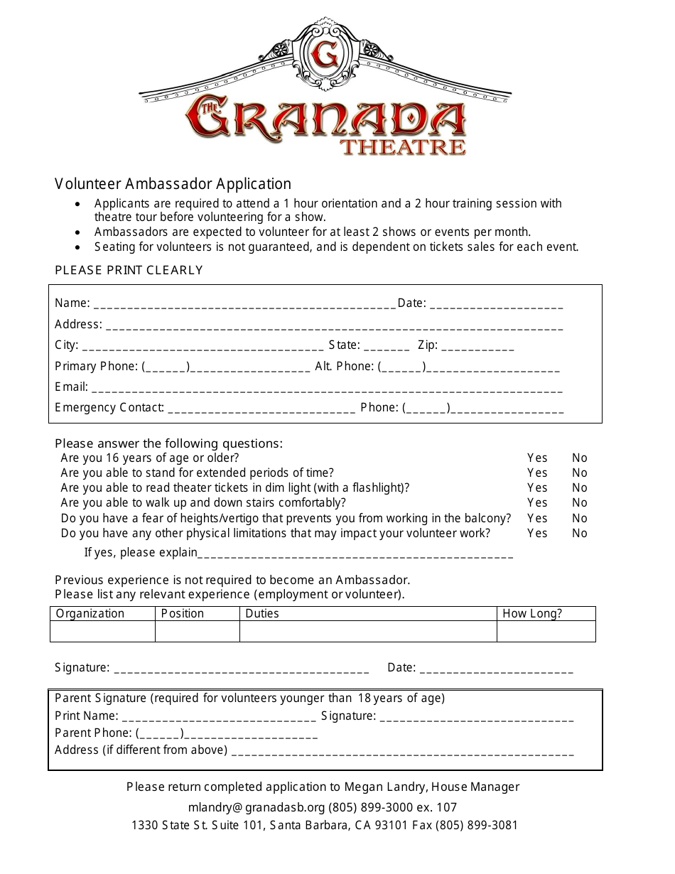Volunteer Ambassador Application Form - Granada Theatre, Page 1