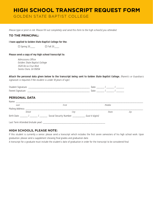 &quot;High School Transcript Request Form - Golden State Baptist College&quot; - California Download Pdf