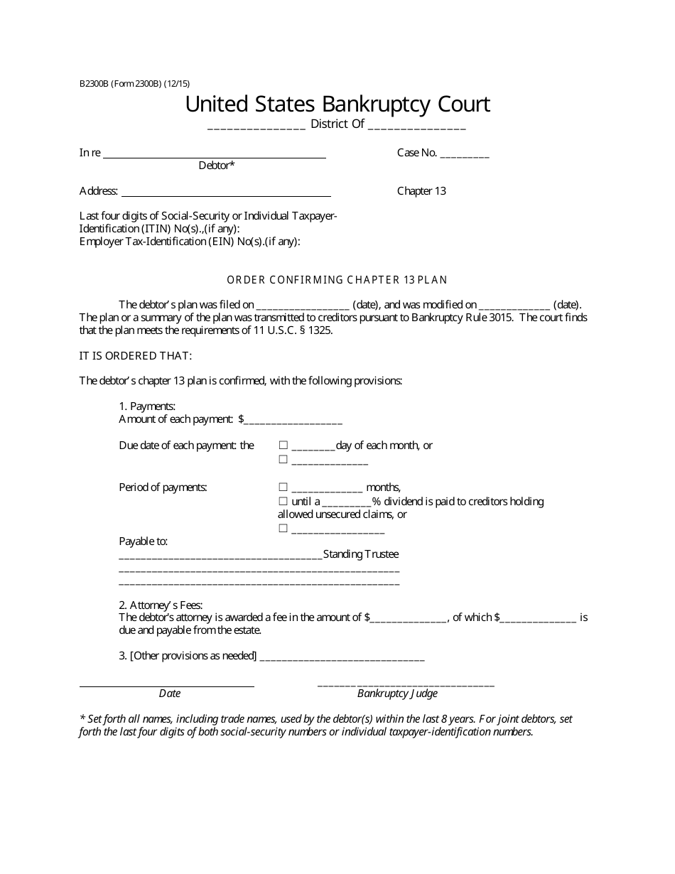 Form B2300B Order Confirming Chapter 13 Plan, Page 1