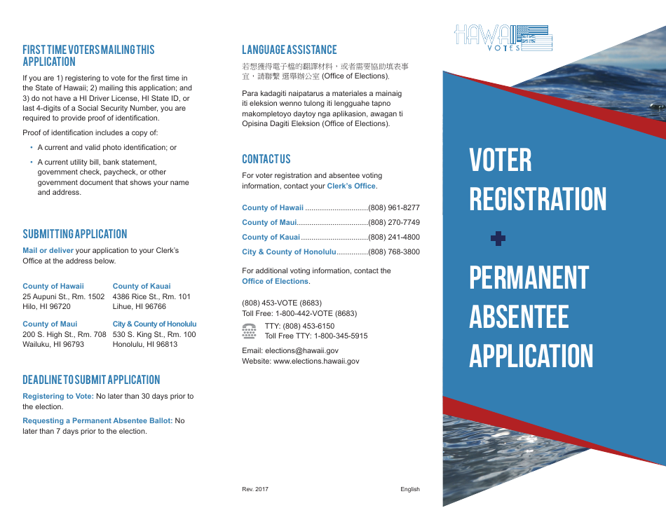 Hawaii Voter Registration  Permanent Absentee Application - Hawaii, Page 1