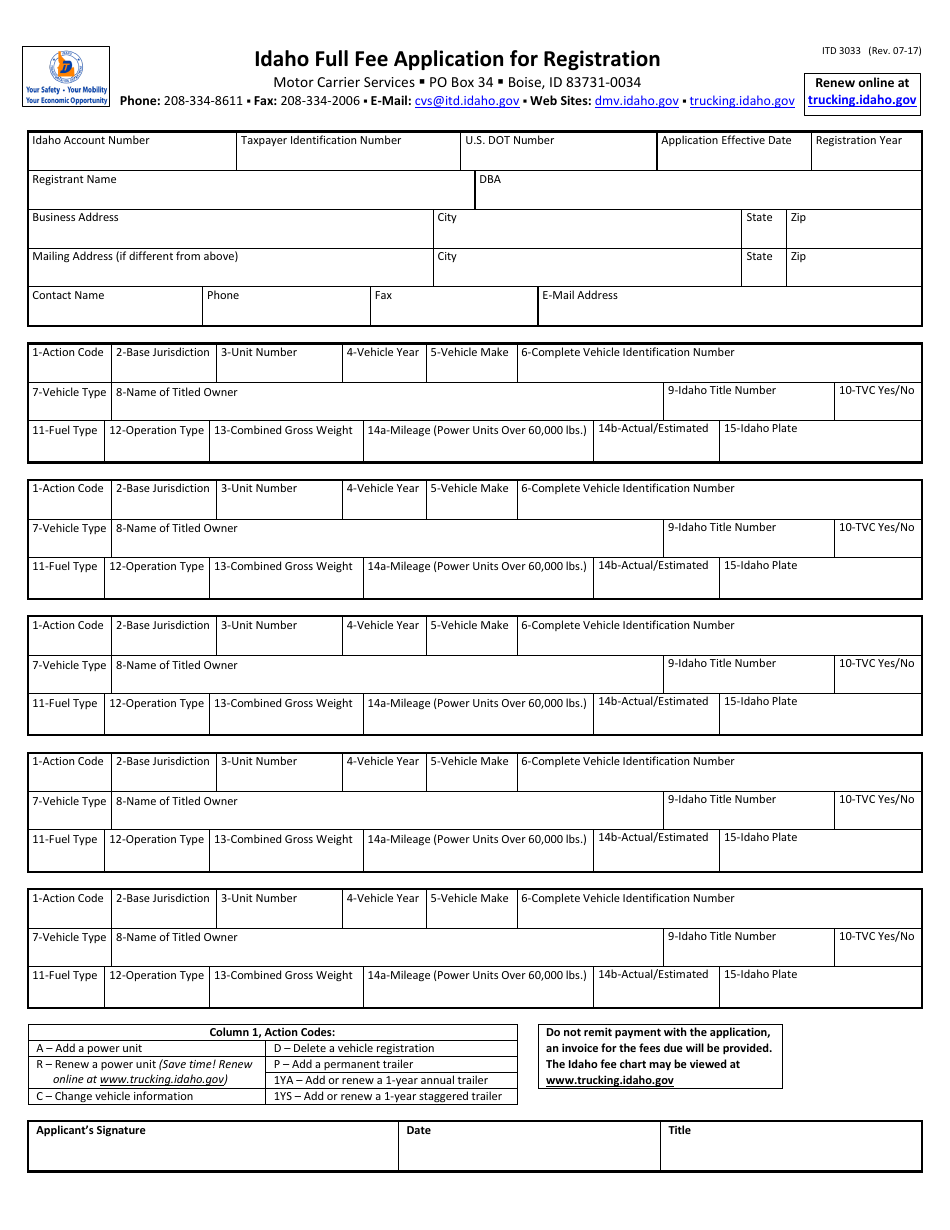 Form ITD3033 Idaho Full Fee Application for Registration - Idaho, Page 1