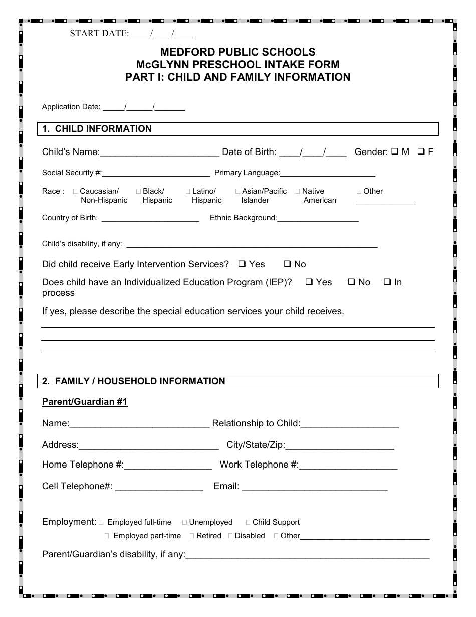 Preschool Intake Form - Medford Public Schools, Page 1