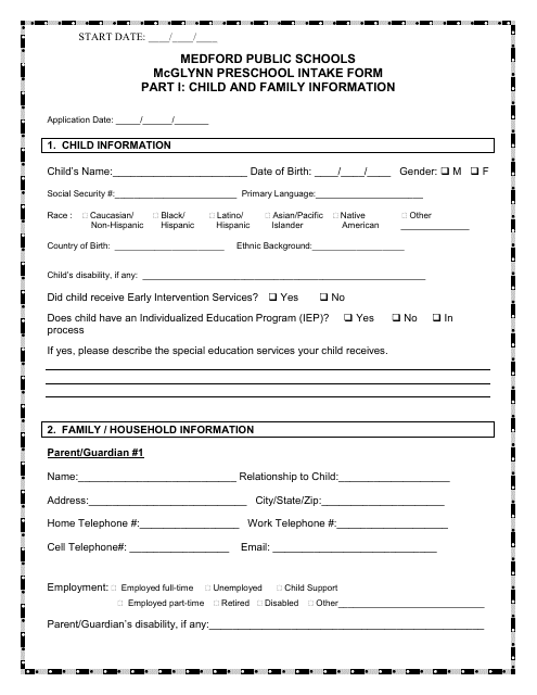 Preschool Intake Form - Medford Public Schools Download Pdf