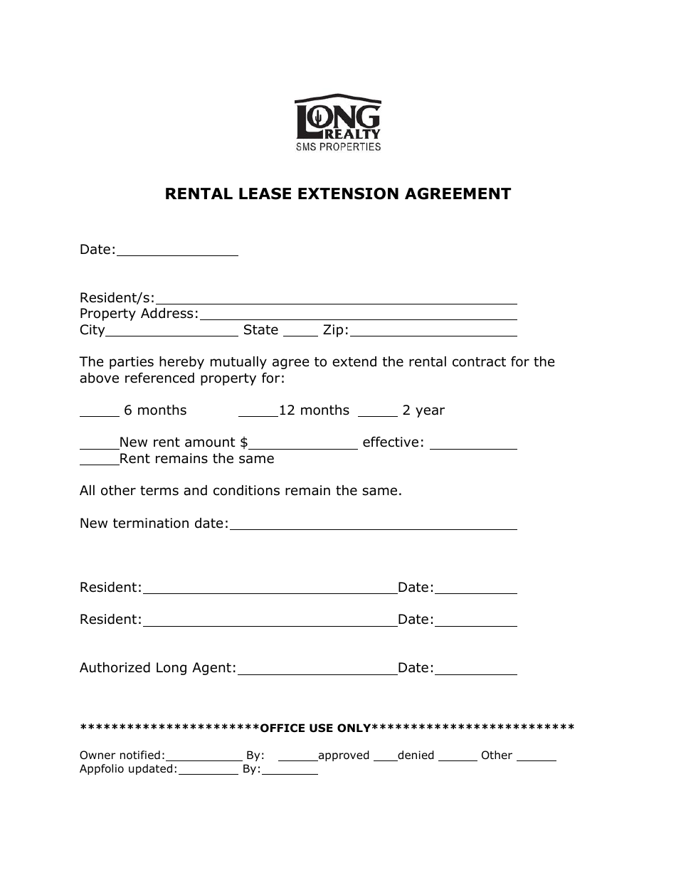 Rental Lease Extension Agreement Form- Long Realty Sms Properties, Page 1