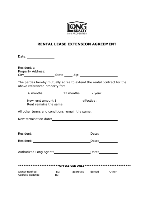 Rental Lease Extension Agreement Form- Long Realty Sms Properties