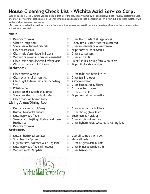 &quot;House Cleaning Checklist Template - Wichita Maid Service Corp.&quot; Download Pdf