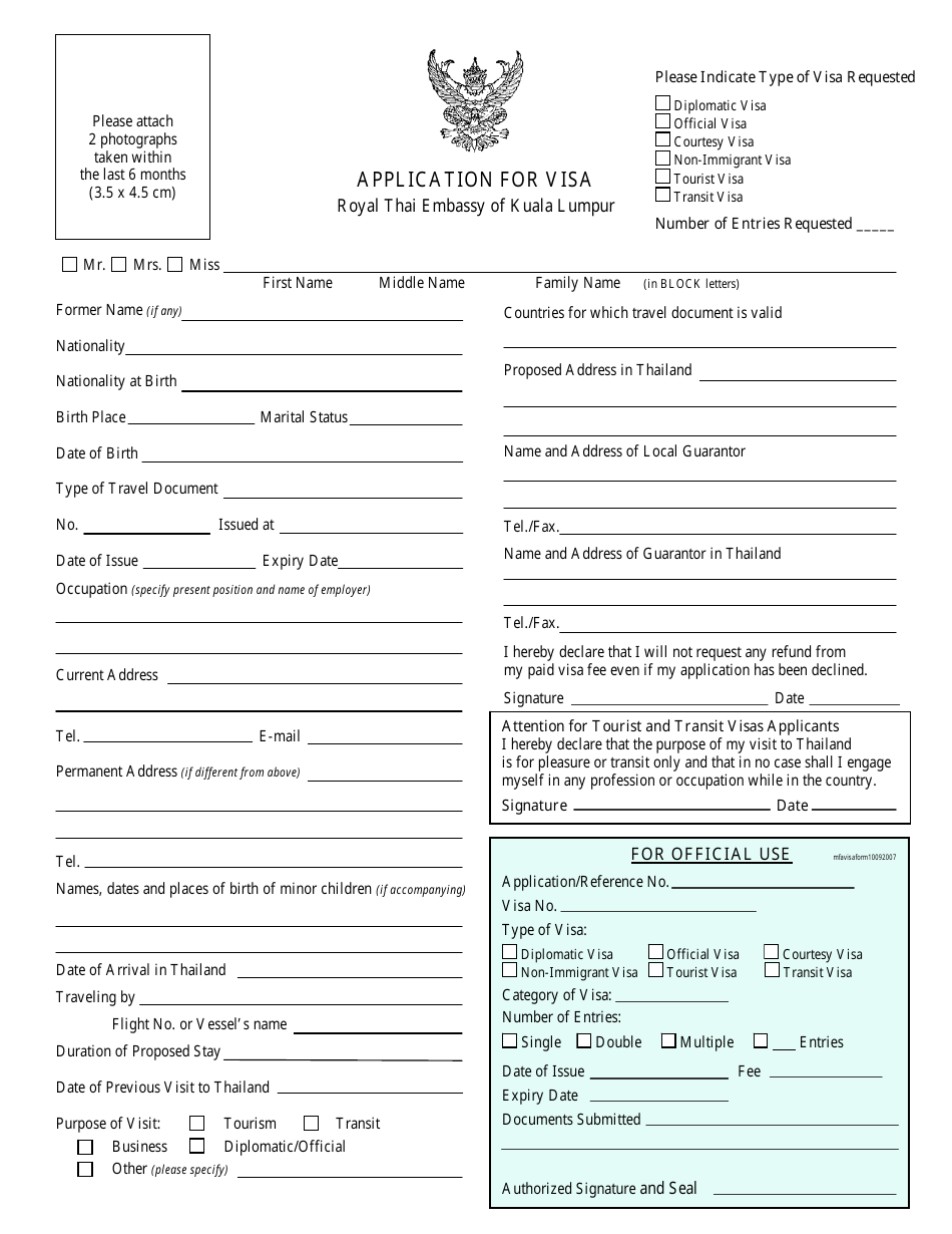 Thai Visa Application Form - Embassy of Thailand - Kuala Lumpur, Malaysia, Page 1
