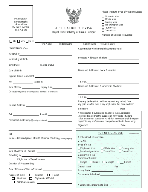 Thai Visa Application Form - Embassy of Thailand - Kuala Lumpur, Malaysia Download Pdf