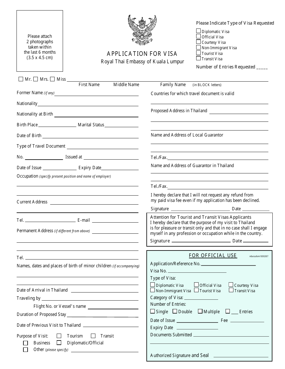 Kuala Lumpur Malaysia Thai Visa Application Form Embassy Of Thailand Fill Out Sign Online
