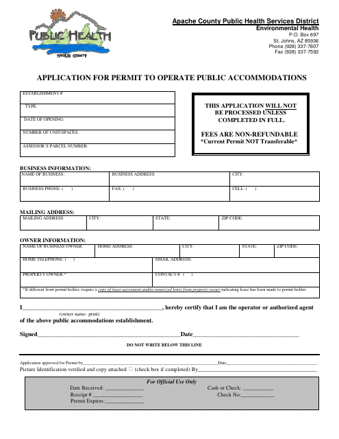 Application for Permit to Operate Public Accommodations - Apache County, Arizona Download Pdf