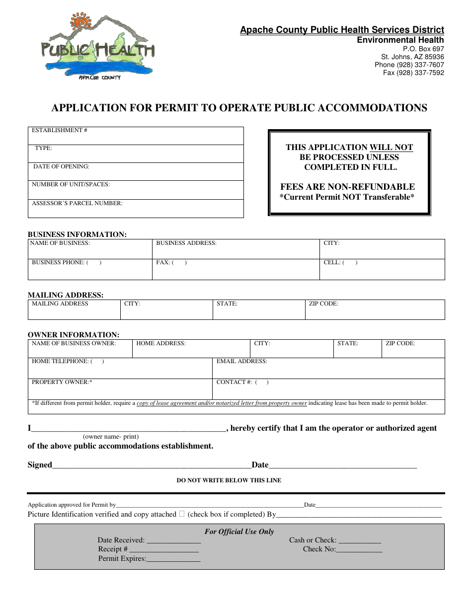 Application for Permit to Operate Public Accommodations - Apache County, Arizona, Page 1