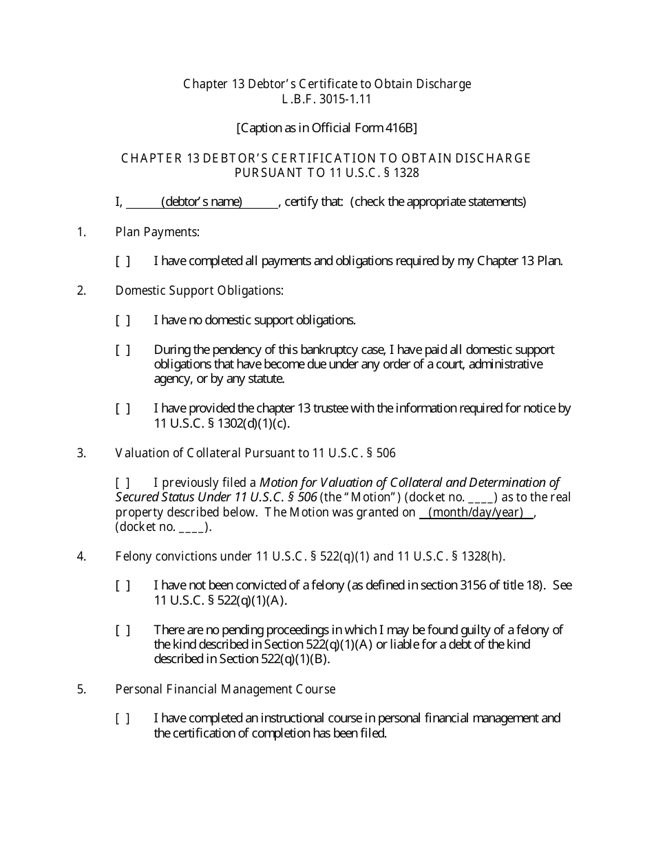 Colorado Chapter 13 Debtor's Certificate to Obtain Discharge Pursuant