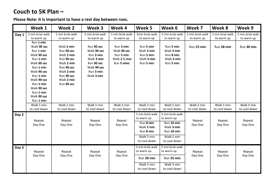 Running Schedule Template - Couch to 5k Plan